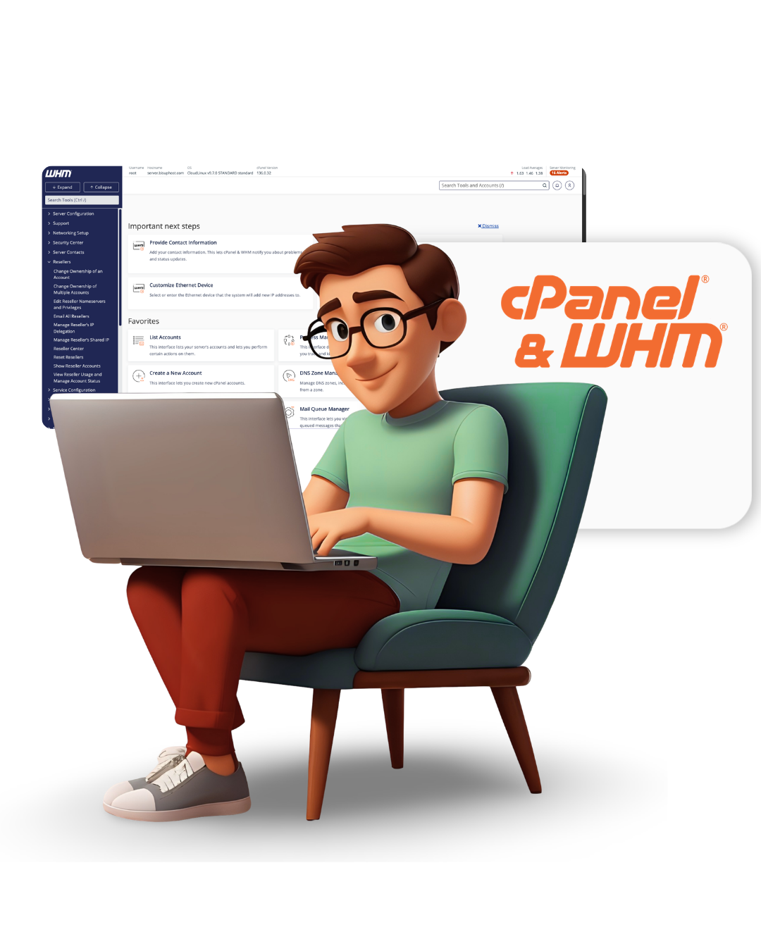 Illustration of a reseller managing hosting accounts through cPanel and WHM