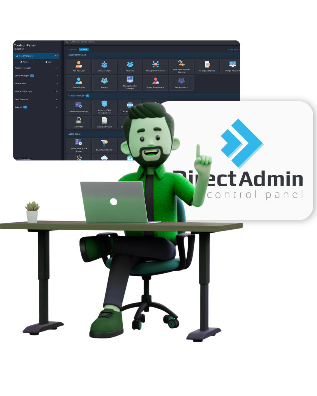 Illustration of a reseller managing hosting accounts through the DirectAdmin control panel